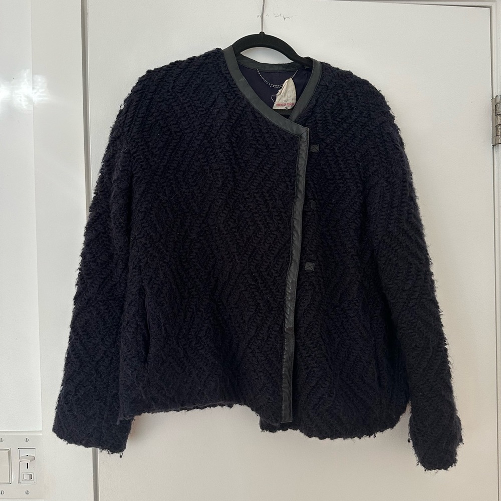 Rebecca Taylor Black Textured Wool Blend Jacket with Leather Trim – Size M